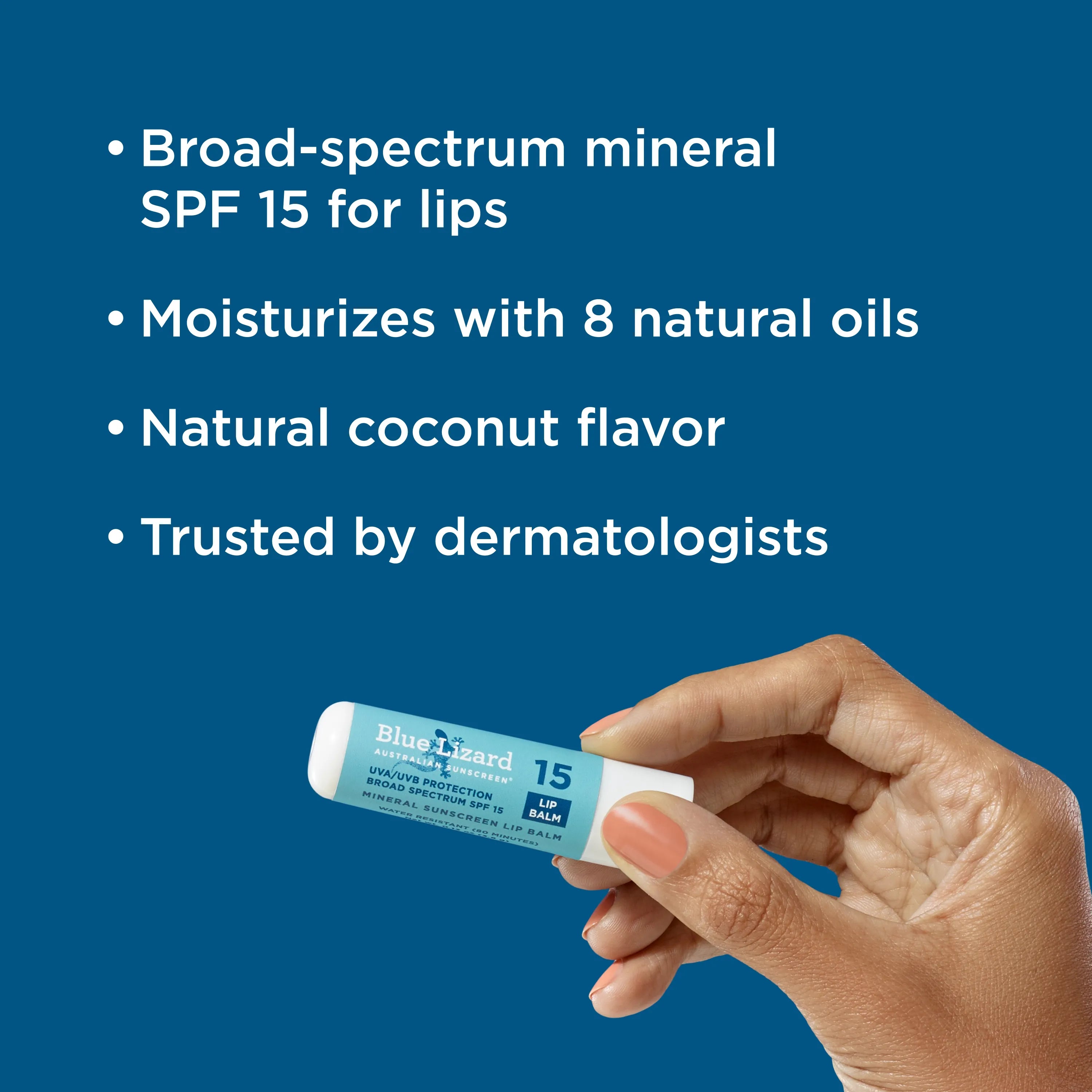 Hand holding a Blue Lizard SPF 15 lip balm mineral sunscreen with product features on a blue background