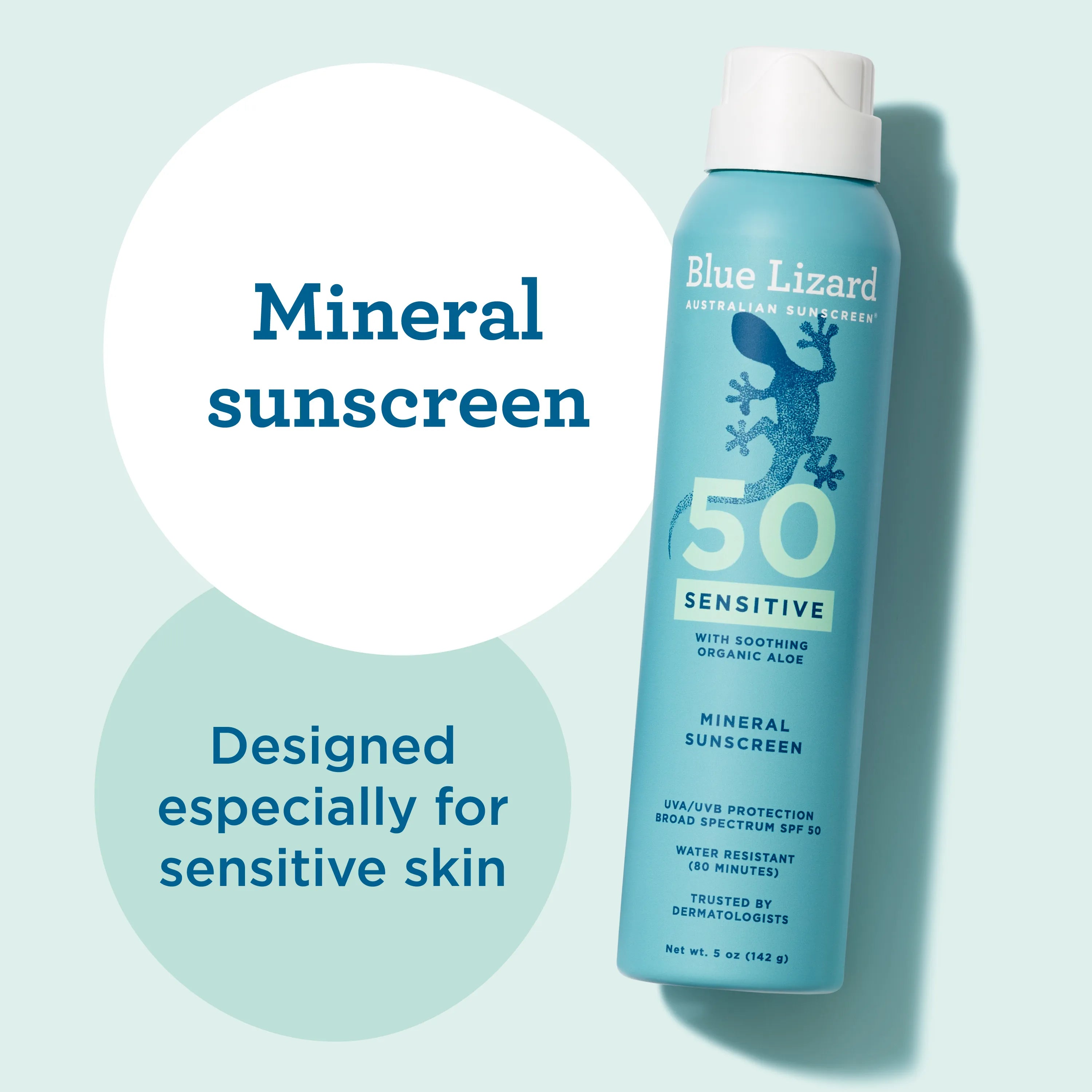 Blue Lizard sensitive SPF 50 mineral sunscreen spray can with text on a light blue background